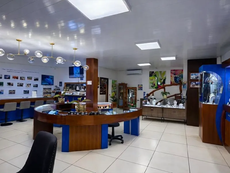 Présentation exquise de bijoux en perles de Tahiti et artisanat local à la boutique Arc en Ciel à Bora Bora