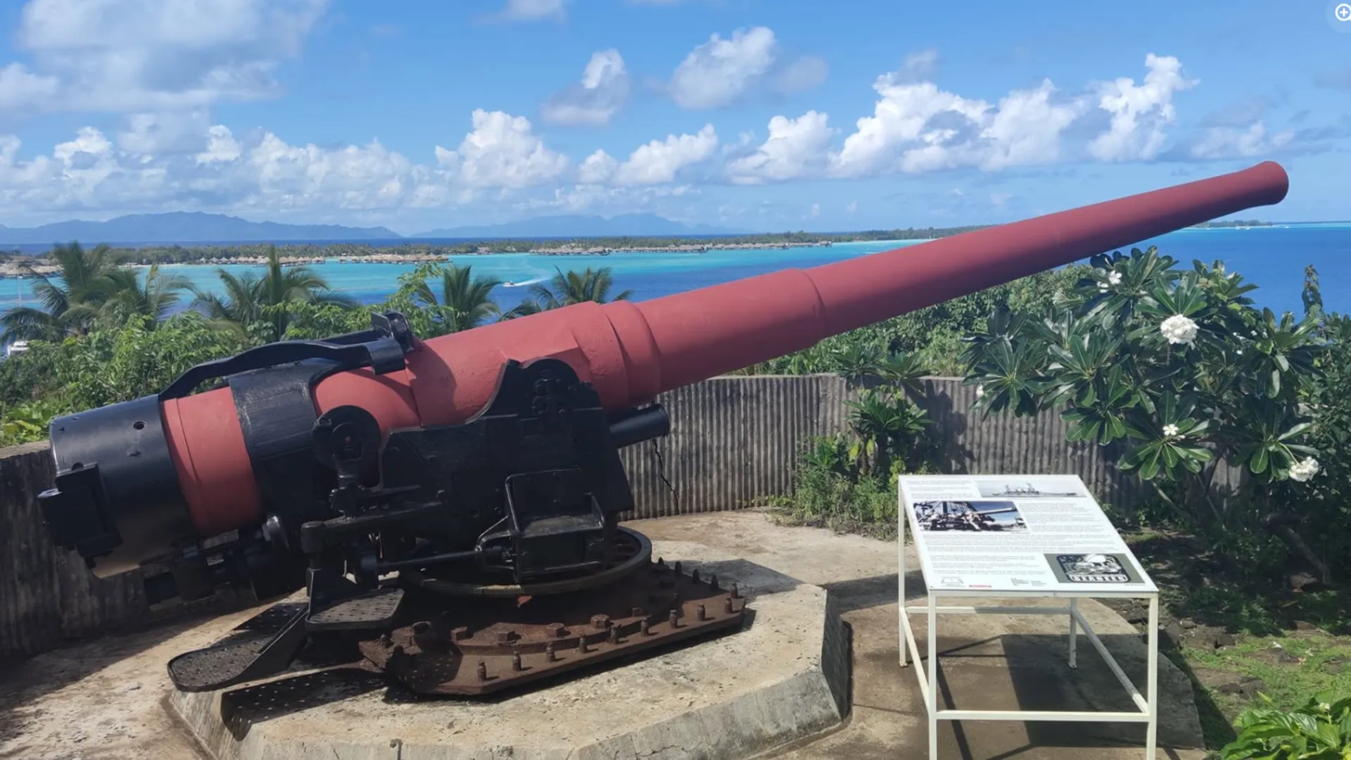 Historic WWII cannons overlooking Faanui Bay, Operation Bobcat military heritage in Bora Bora