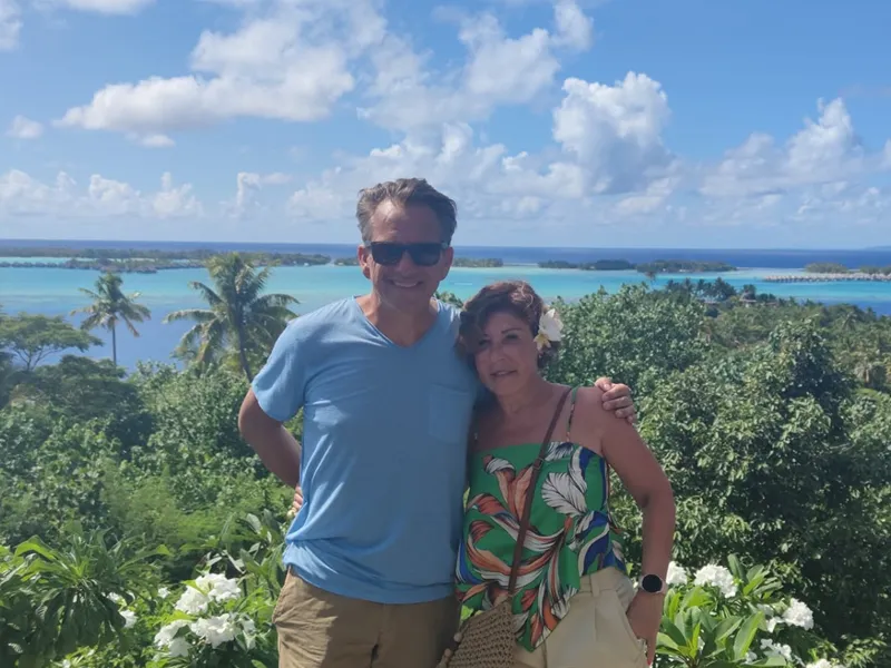 Aerial perspective of Bora Bora lagoon and Mount Otemanu from the best panoramic photo viewpoint